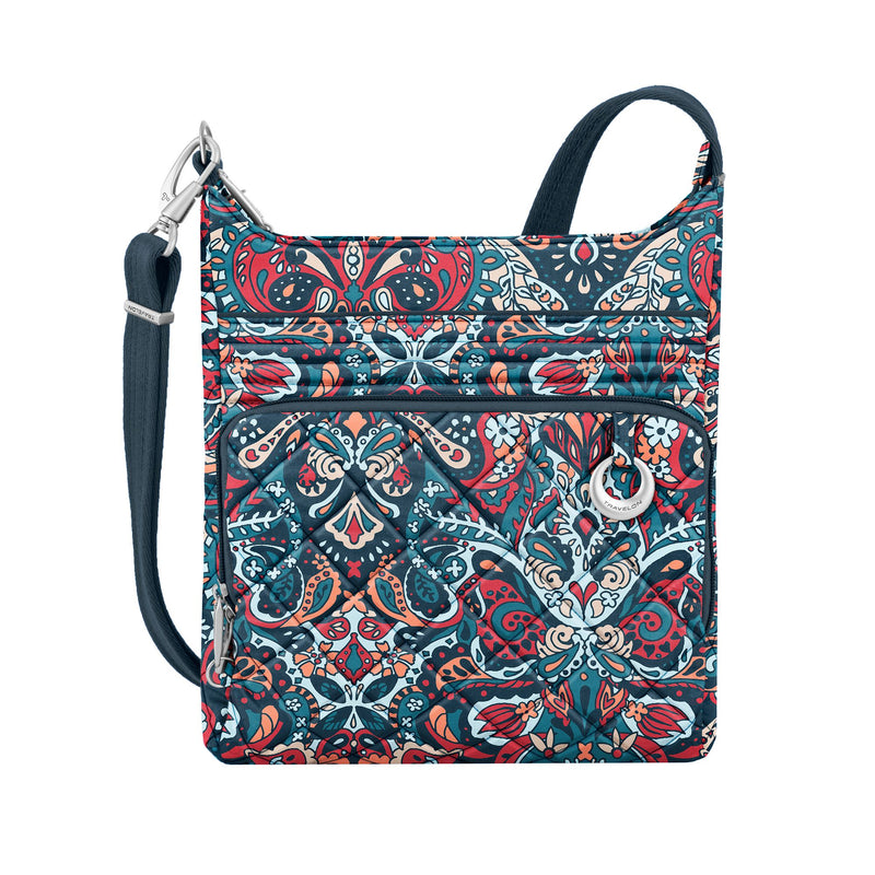 Travelon anti-theft boho paisley crossbody bag, blue red patterned with zip pocket