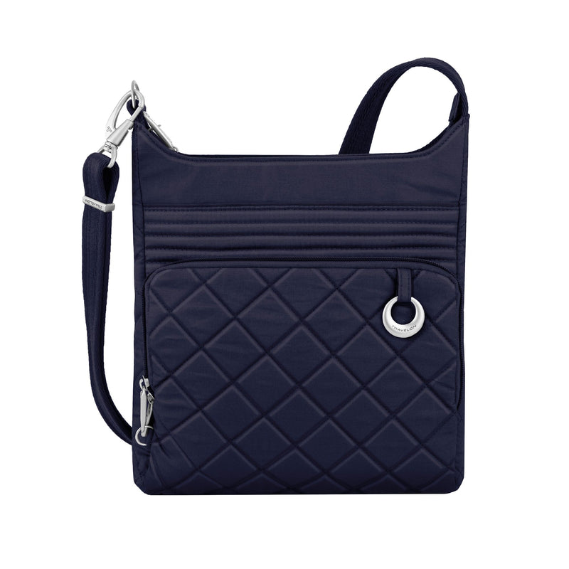 Navy quilted crossbody bag with diamond pattern, adjustable strap, front zip pocket