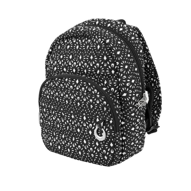 Travelon anti-theft boho geometric shell backpack, black with white pattern, front zip pocket