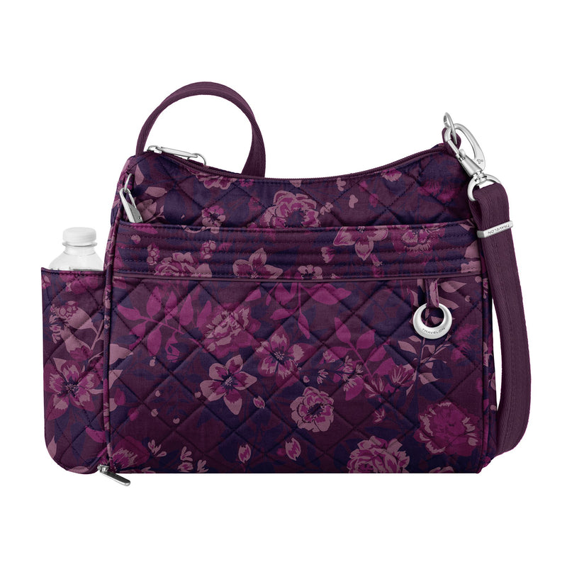 Square crossbody bag with wine rose floral print, zip top, adjustable shoulder strap, front pocket