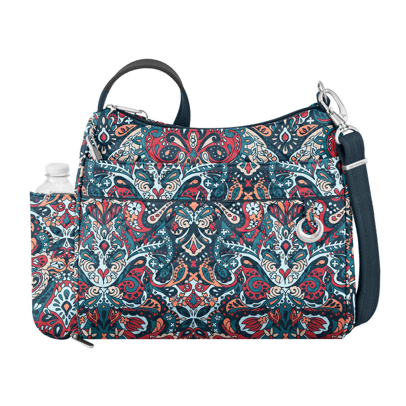 Paisley print anti-theft square crossbody bag with navy adjustable strap