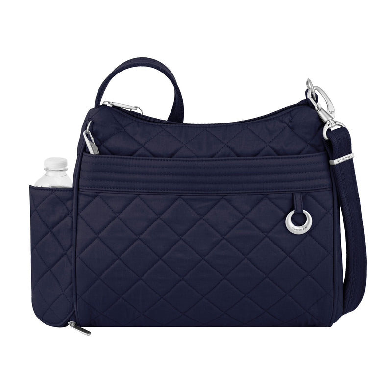 Navy quilted square crossbody bag with front zip pocket and adjustable shoulder strap