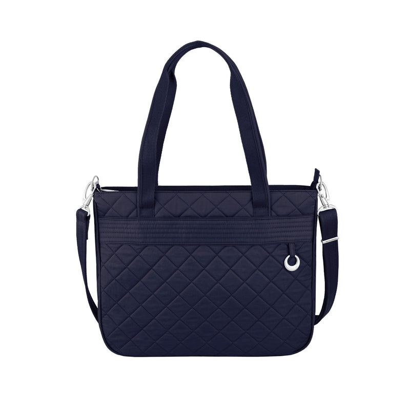 Navy quilted anti-theft tote bag with top handles and side strap, front zipper pocket