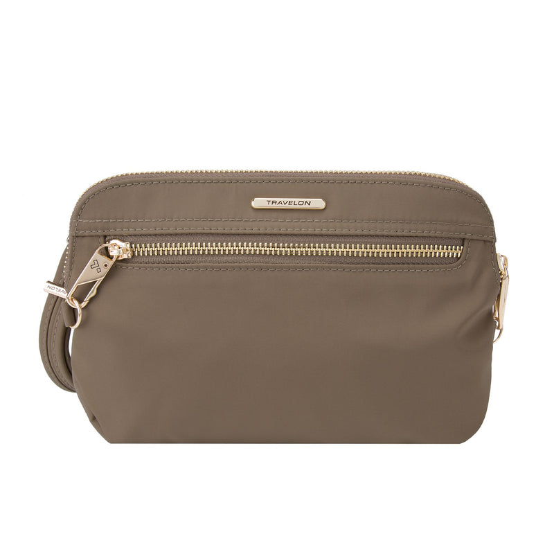 Travelon anti-theft nylon twill crossbody clutch in sable brown, top zip and adjustable strap