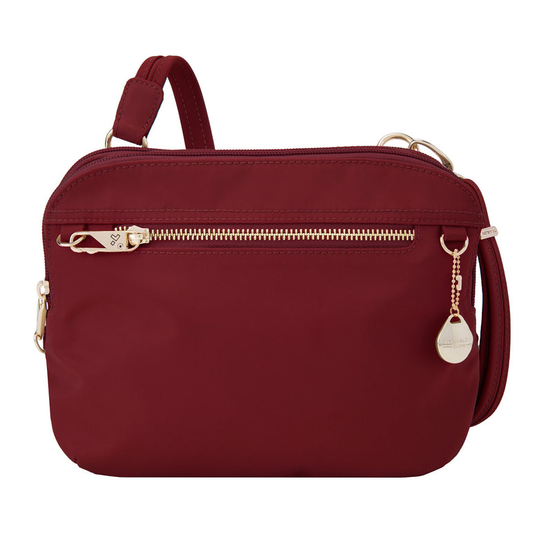 Travelon anti-theft organizer bag in garnet-red nylon twill with zip pocket and strap