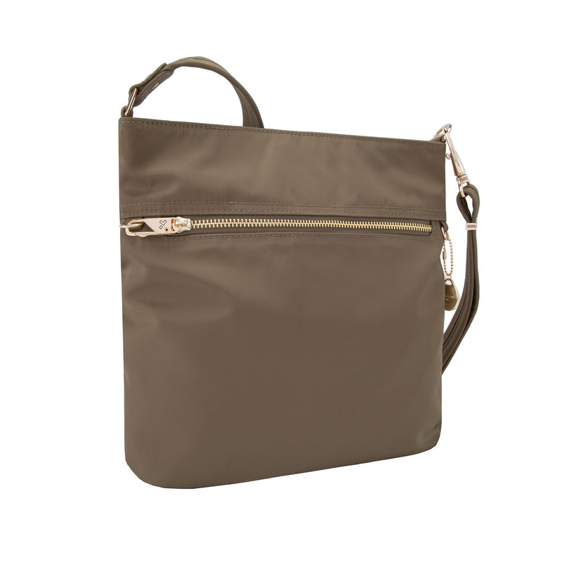 Slim anti-theft crossbody bag in dark brown nylon twill with front zip pocket