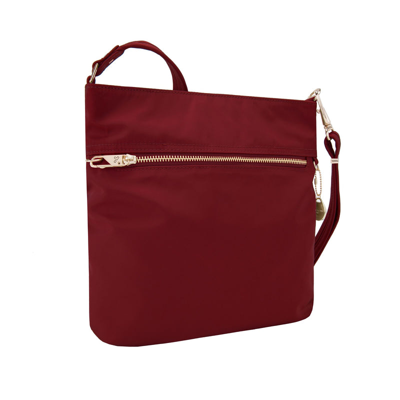 Garnet-red nylon slim anti-theft shoulder bag with front zip pocket and adjustable strap