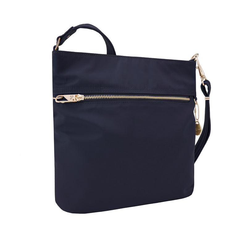 Travelon anti-theft slim bag in dark blue nylon twill, top handle and crossbody strap
