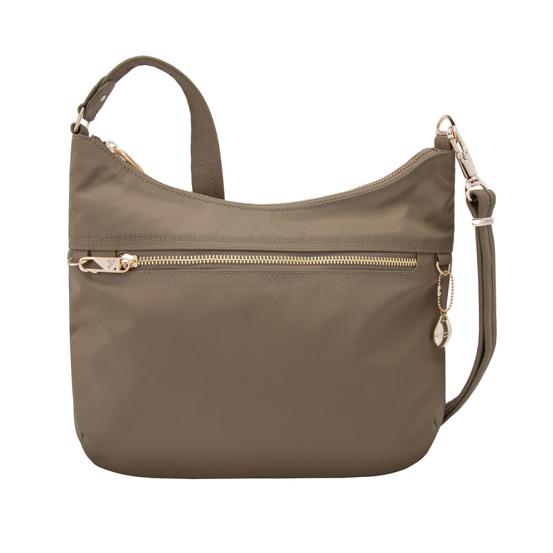 Nylon hobo bag with front zip pocket and adjustable shoulder strap, dark sable