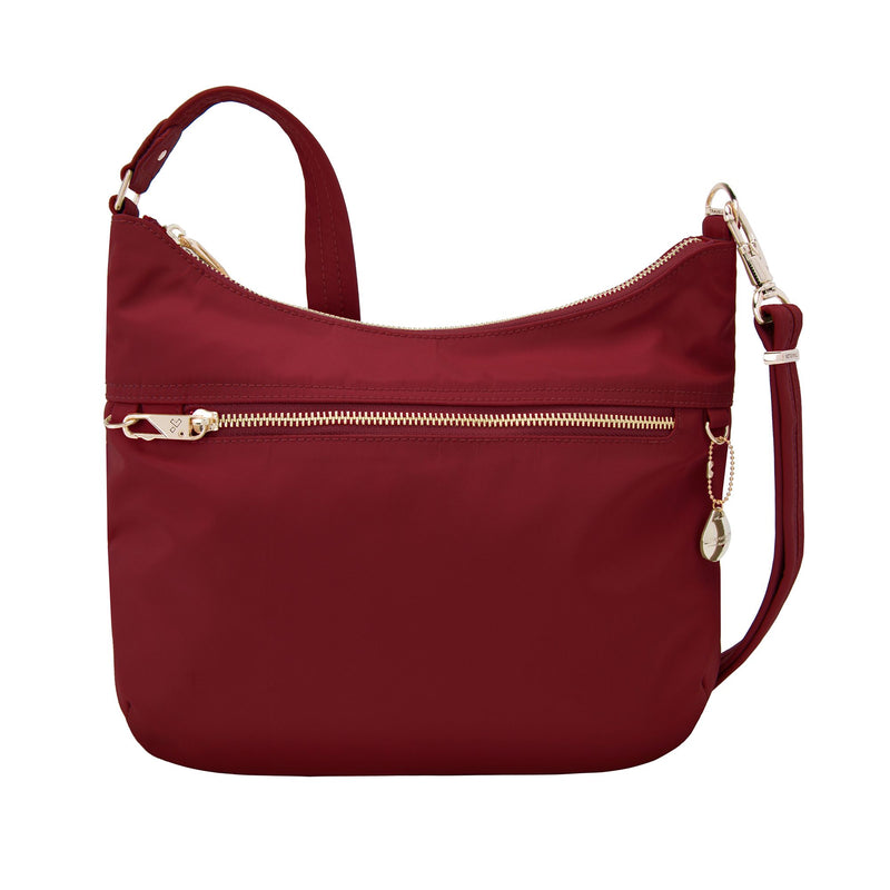 Anti-theft hobo bag in garnet-red nylon twill with front zipper and adjustable crossbody strap