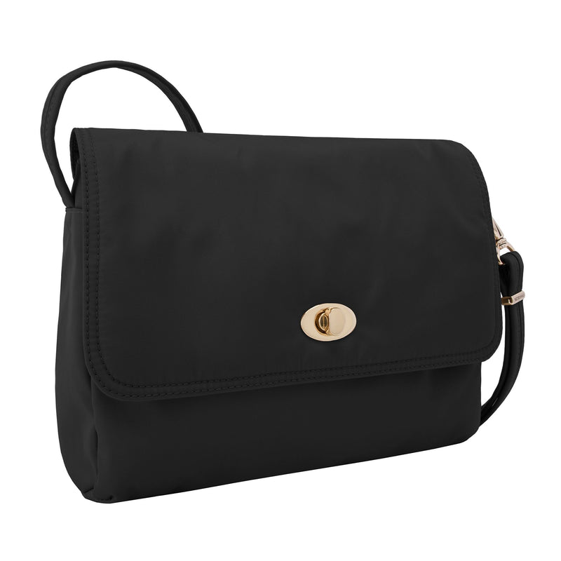 Onyx-black nylon twill crossbody bag with front flap and turn-lock, adjustable strap