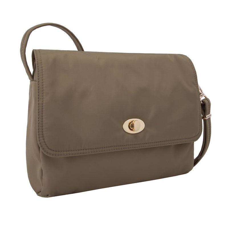 Anti-theft crossbody bag with flap and metal clasp, sable nylon twill, shoulder strap