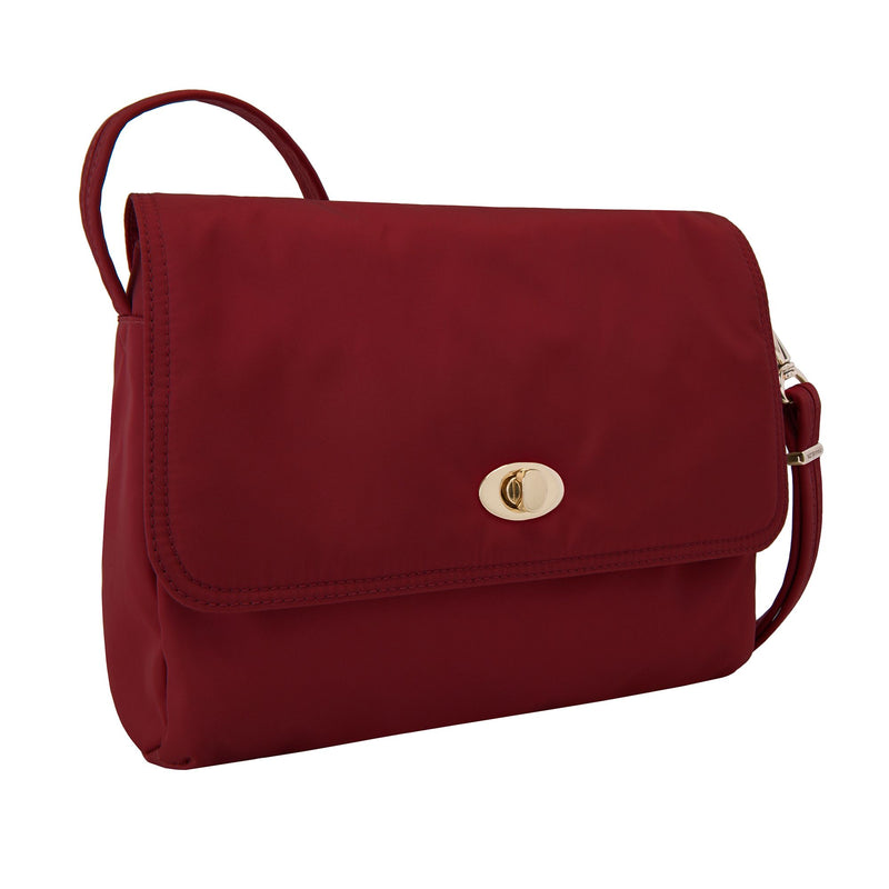 Garnet-red nylon twill crossbody bag with front flap and gold clasp, shoulder strap