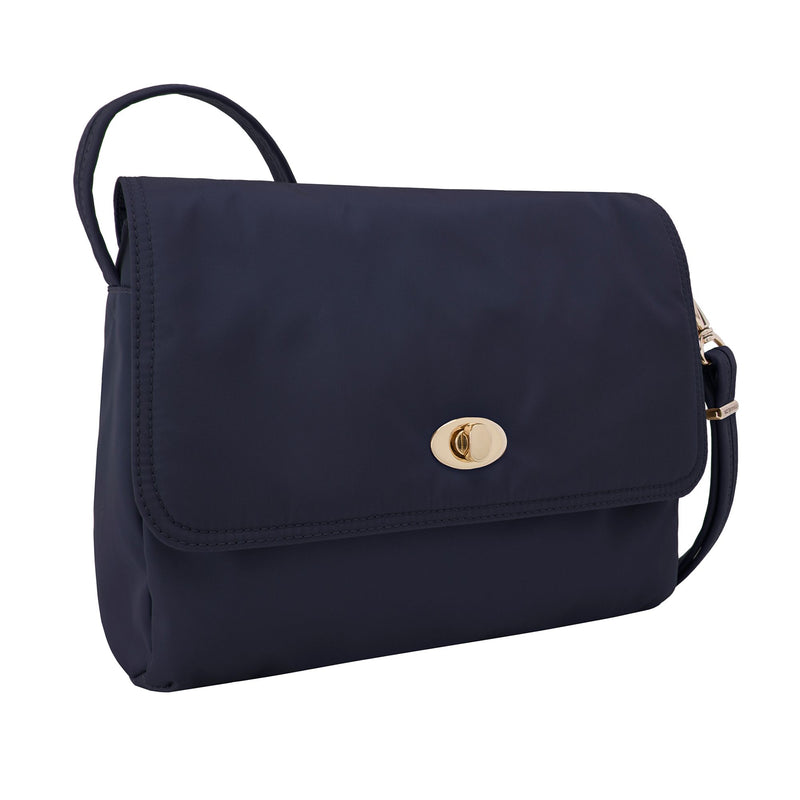 Sapphire-blue nylon twill anti-theft crossbody bag with flap and gold-tone clasp
