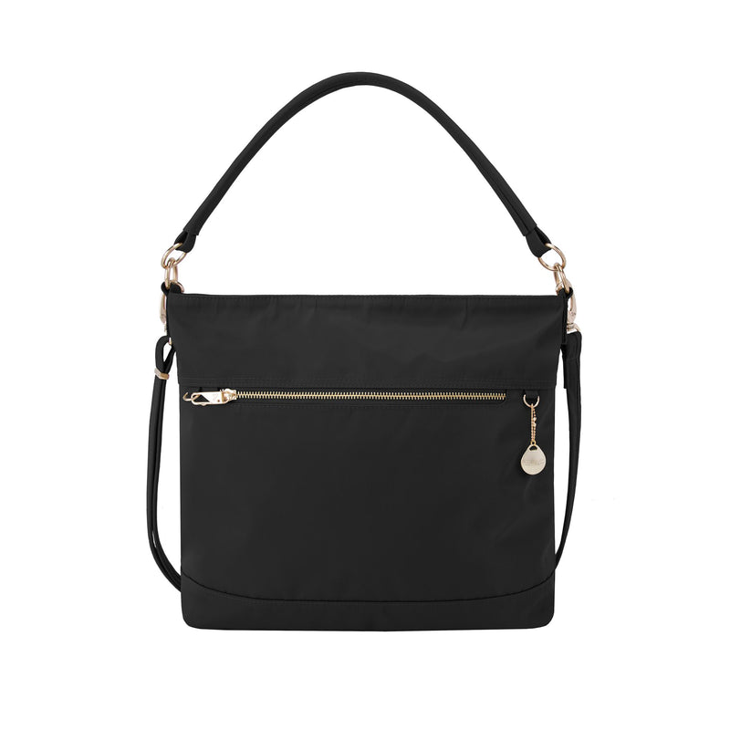 Onyx-black nylon twill anti-theft tote with top handles and front zip pocket