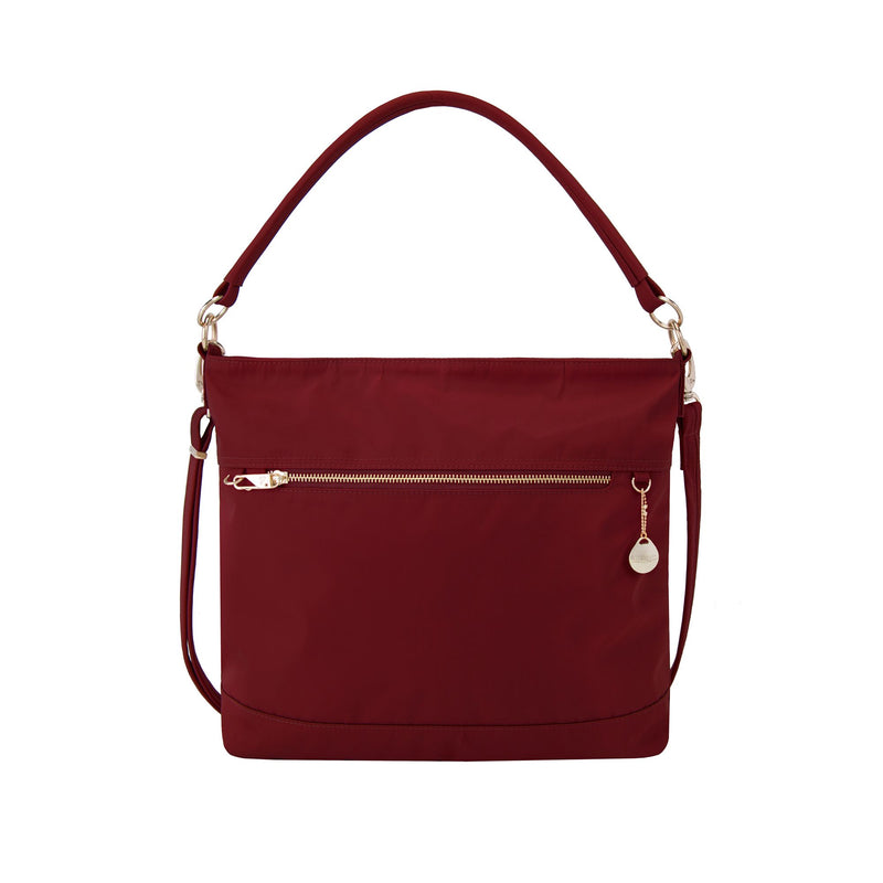 Travelon anti-theft garnet-red nylon tote with front zip pocket and shoulder handles
