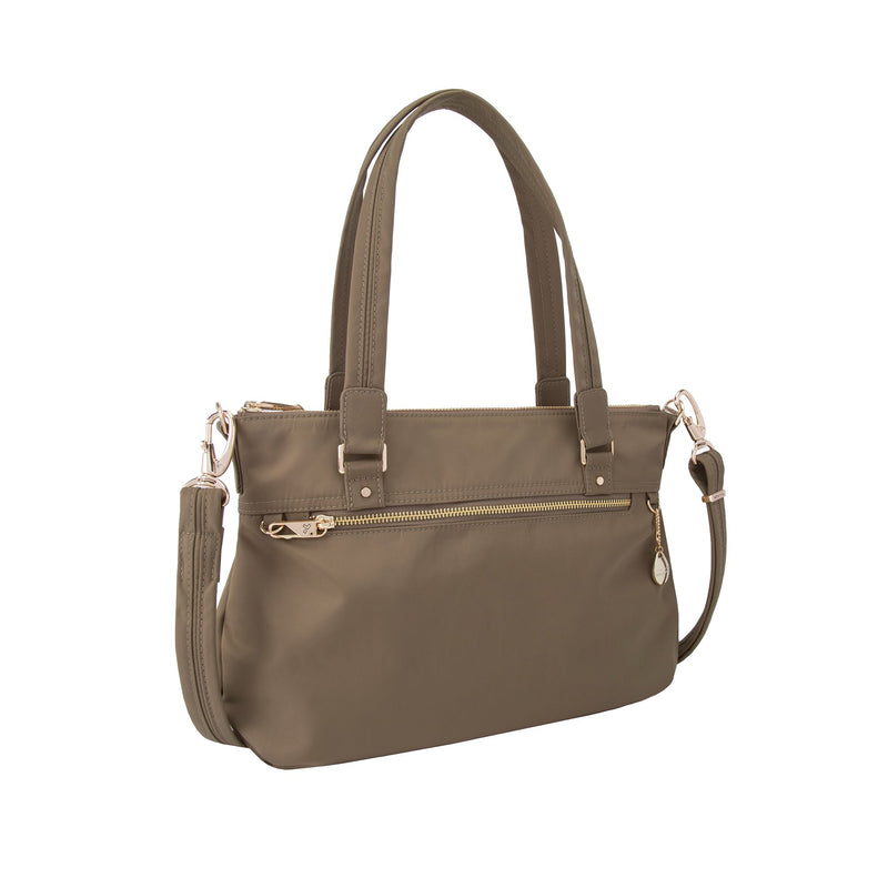 Sable nylon twill anti-theft satchel with top handles and zip front pocket