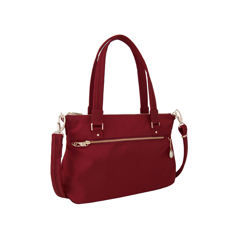 Garnet-red nylon twill satchel with top handles, adjustable strap, and front zip pocket