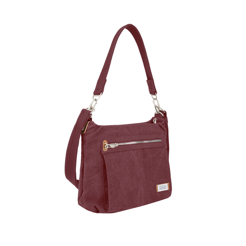 Wine cotton canvas hobo bag with front zip pocket and adjustable shoulder straps