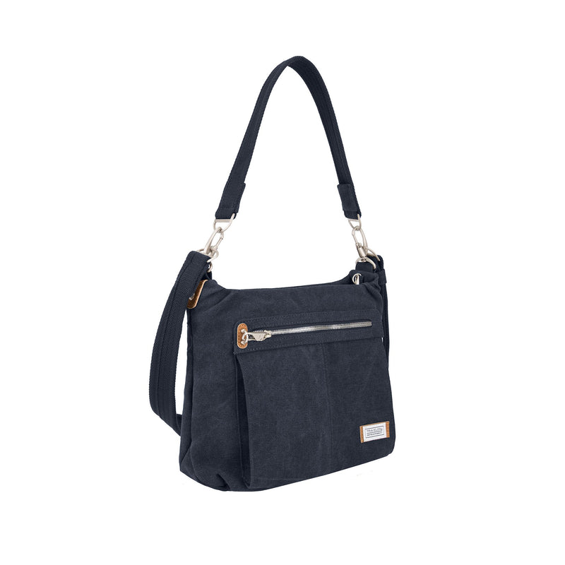 Indigo cotton canvas hobo bag with zipper pocket and adjustable shoulder straps