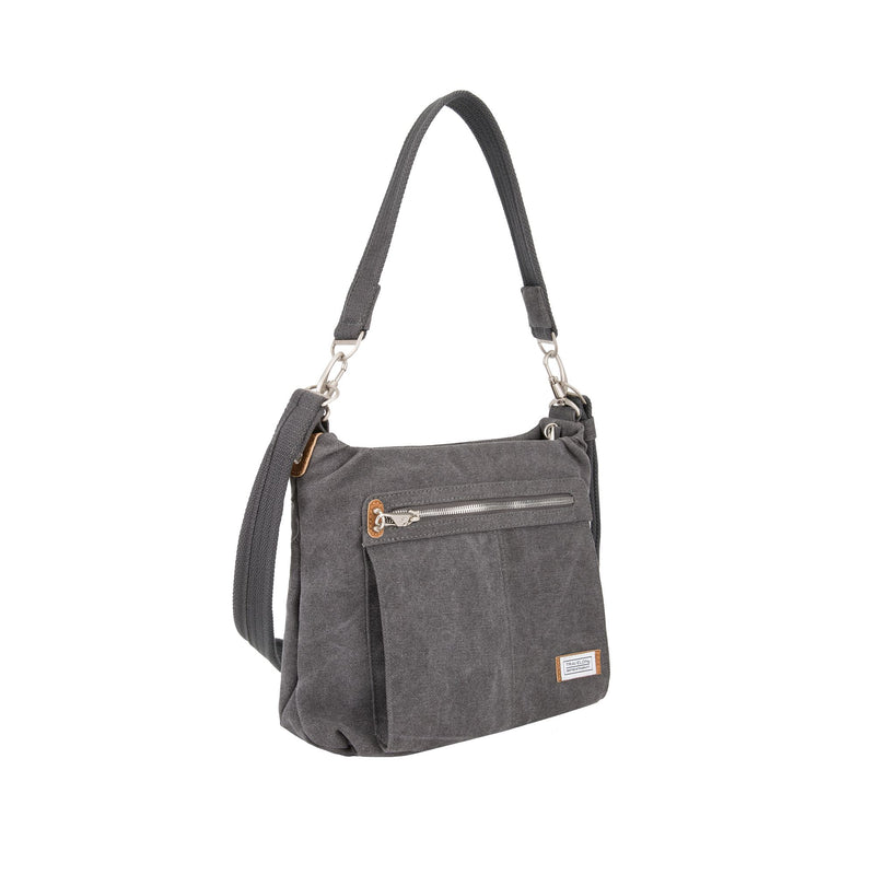 Pewter cotton canvas hobo bag with two shoulder straps and front zip pocket