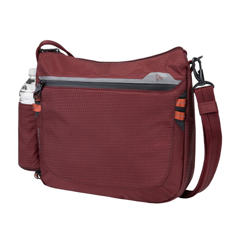 Wine nylon medium crossbody bag with front zip pocket and adjustable shoulder strap