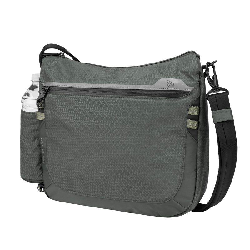 Travelon anti-theft crossbody bag in charcoal gray nylon with front zip pocket and strap