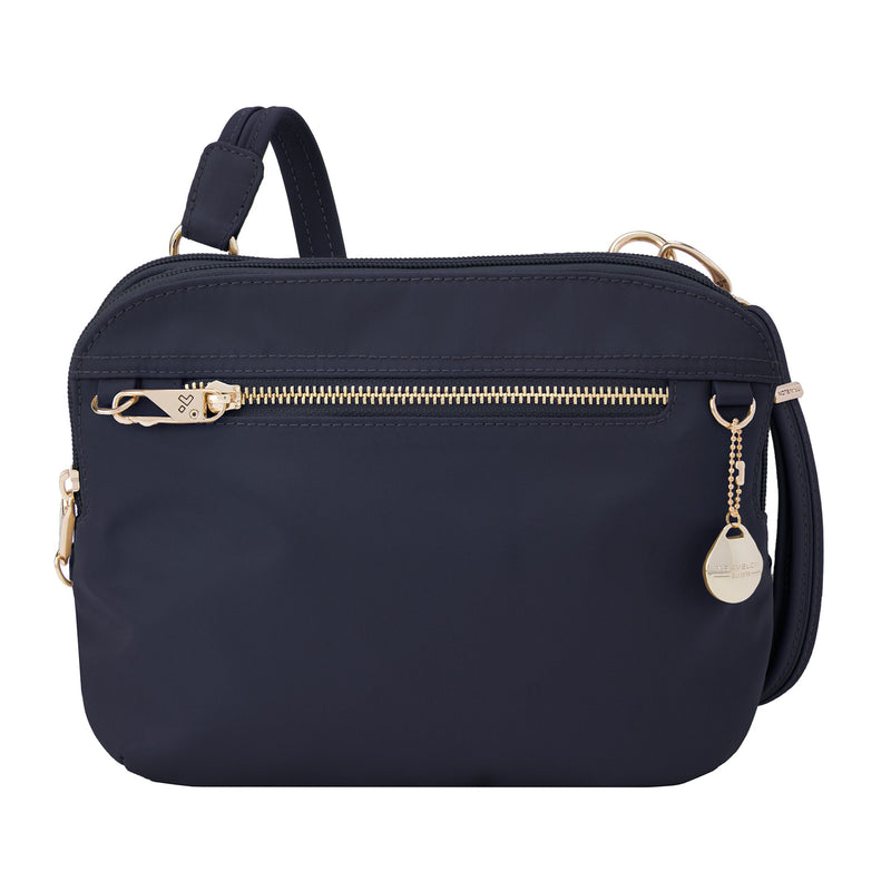 Travelon anti-theft tailored nylon organizer bag in dark blue with zip closure and gold hardware
