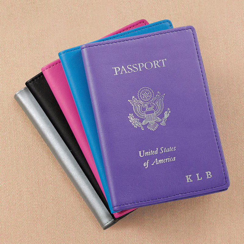 Purple leather passport case with “PASSPORT” and KLB initials, United States emblem