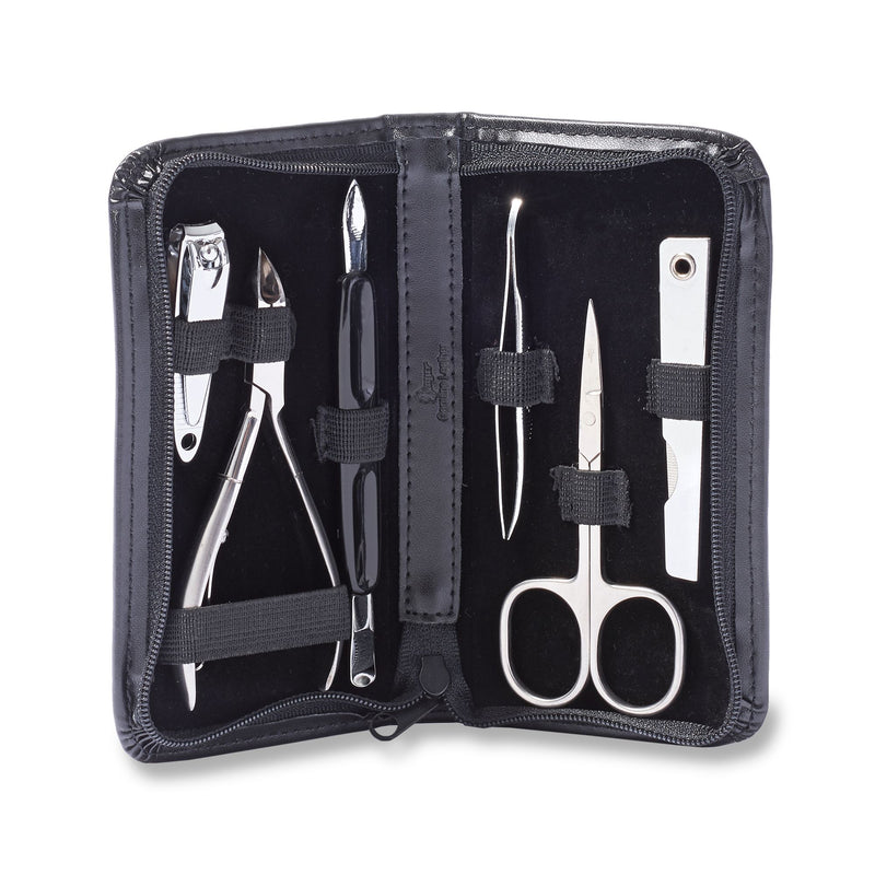 Black leather travel manicure case with six tools, open with zip and elastic holders