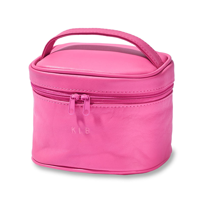 Pink leather cosmetic bag with handle, zipper, KLB initials