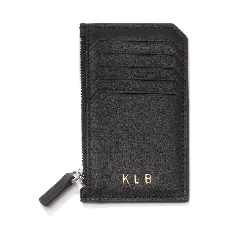 Black leather three-initial card wallet with gold KLB lettering and card slots, zipper pull