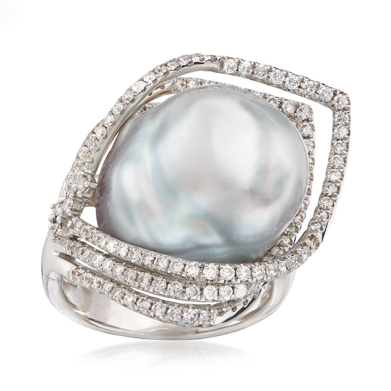 Cultured baroque pearl and diamond ring in white gold