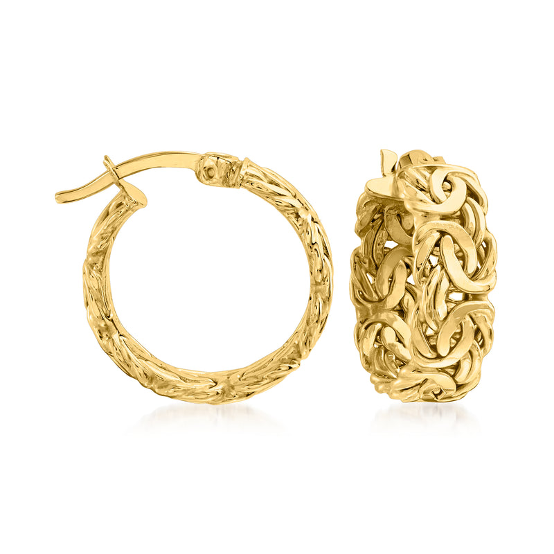 Byzantine hoop earrings in yellow gold, textured linked oval design