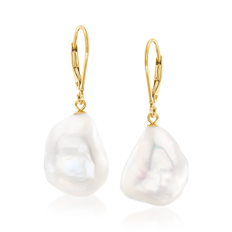 14kt yellow gold leverback baroque pearl drop earrings, white cultured pearls