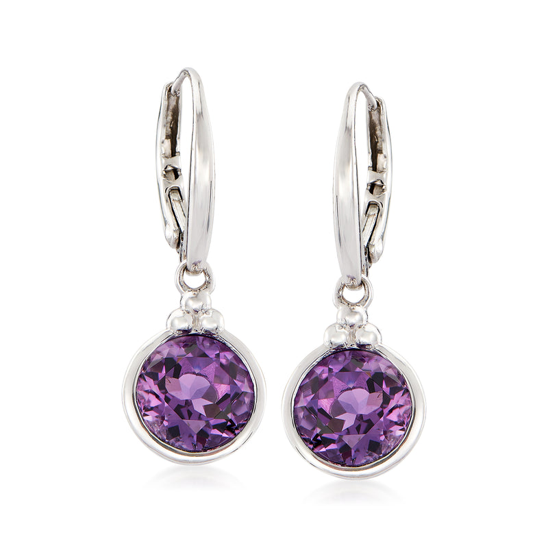 Amethyst drop earrings in sterling silver with round purple gemstone, leverback closures