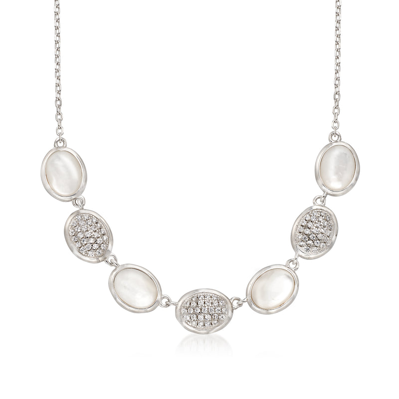 Sterling silver oval mother-of-pearl and pave CZ necklace with oval stations and round center
