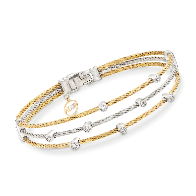 Two-tone stainless steel cable bracelet with round diamond accents and lobster clasp