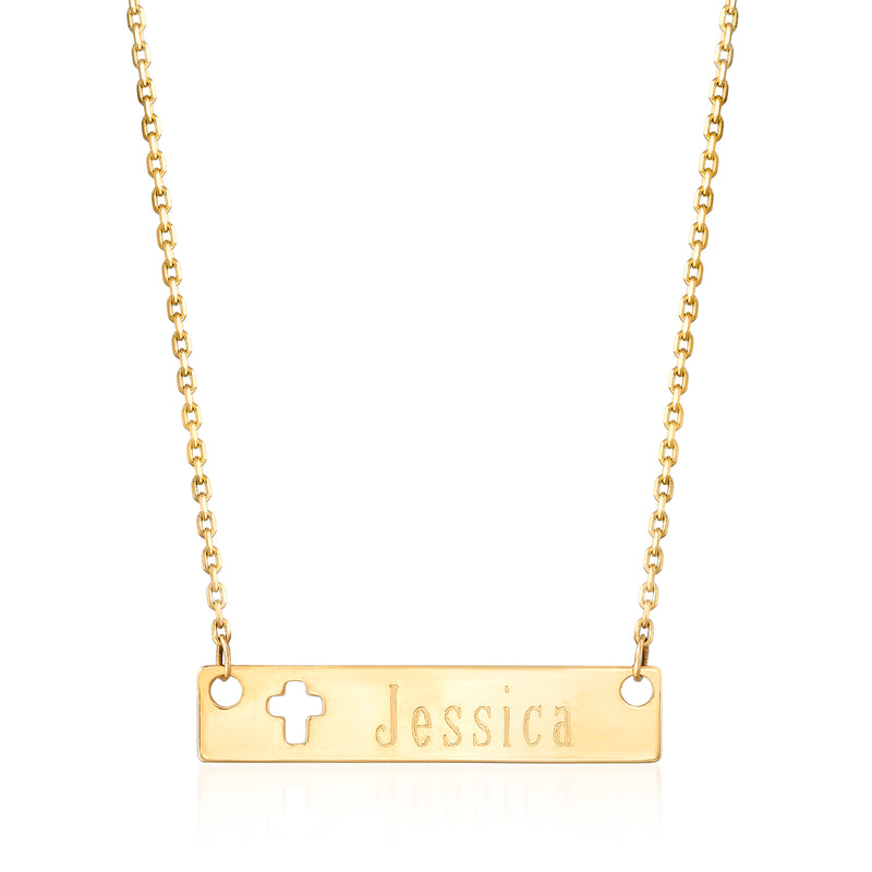 14k yellow gold cut-out cross bar necklace with nameplate, chain with lobster clasp