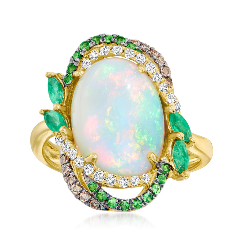 14kt yellow gold ring with oval opal, green stones, and round diamond accents