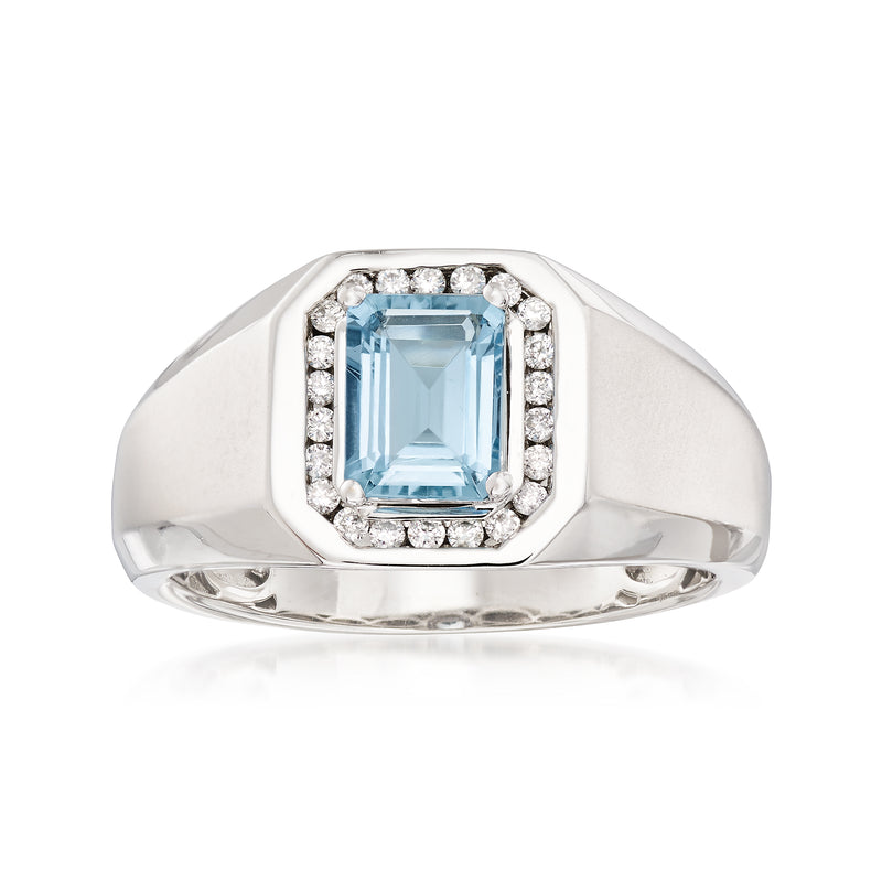 Aquamarine and diamond ring in 14kt white gold, square halo setting
