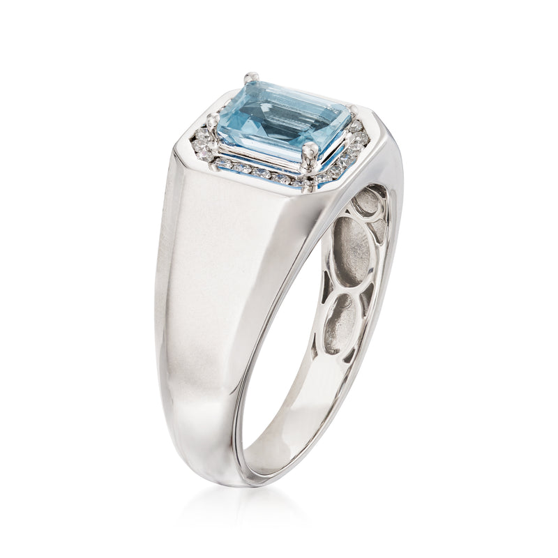 Aquamarine and diamond ring in 14kt white gold, baguette-cut halo, side view
