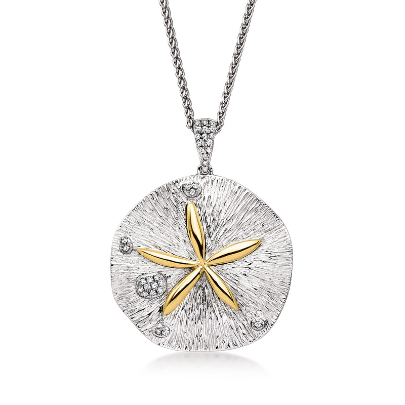 Sterling silver sand dollar pendant necklace with yellow gold flower and diamond accents