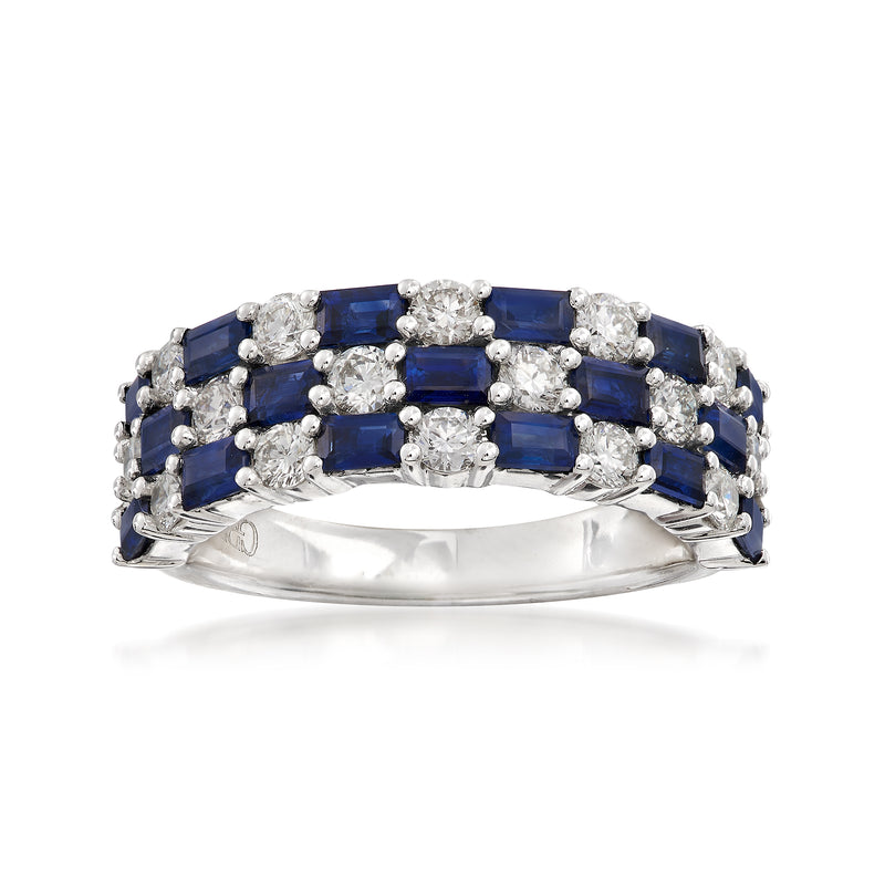 18kt white gold ring with blue baguette sapphire and diamond checkerboard detail