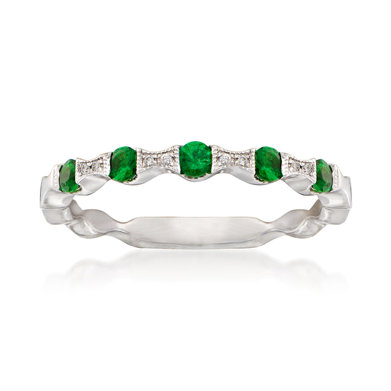14k white gold stackable ring with emerald-green stones and diamond accents