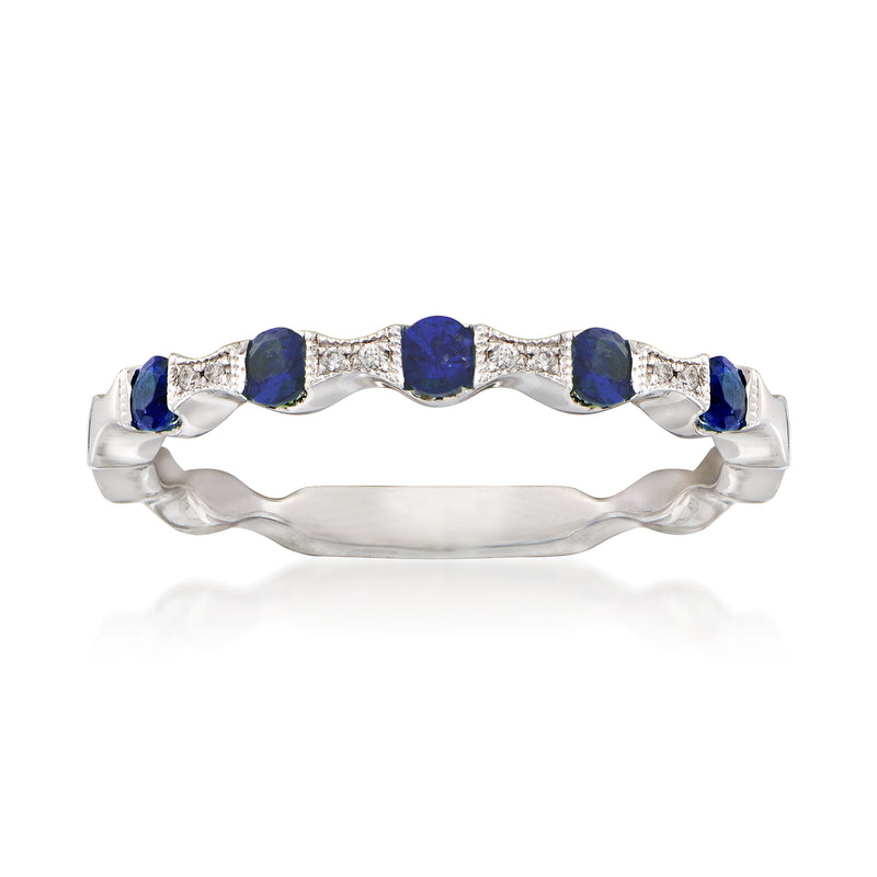 14kt white gold stackable ring with dark blue sapphire stones and diamond accents