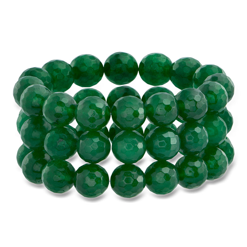 Green quartz bead bracelet set with faceted round beads, stackable stretch bands