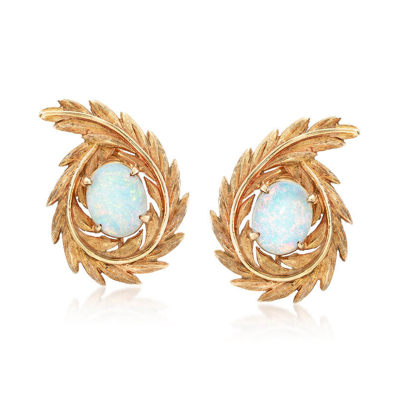14kt yellow gold leaf opal clip earrings, oval opal center, textured gold