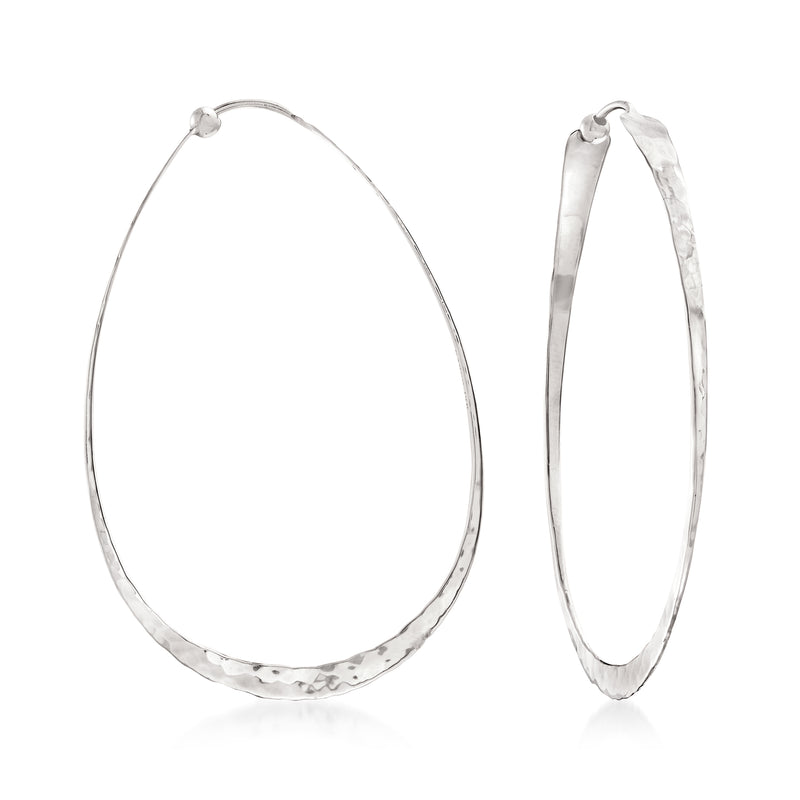 14kt white gold oval hoop earrings, hammered texture with polished finish
