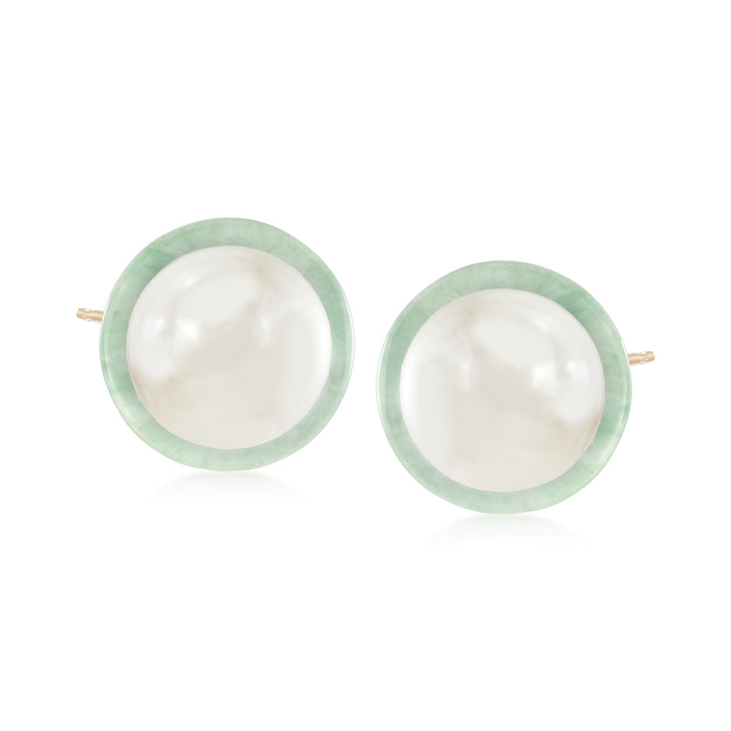 Cultured pearl and jade post earrings with green jade bezel in 14kt yellow gold